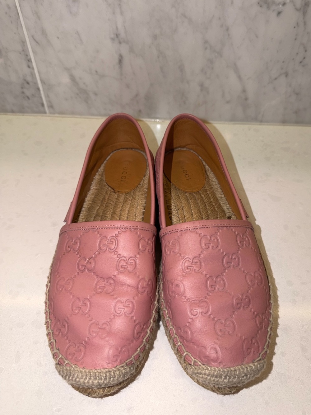 Gucci pink Guccissima embossed leather espadrille flats